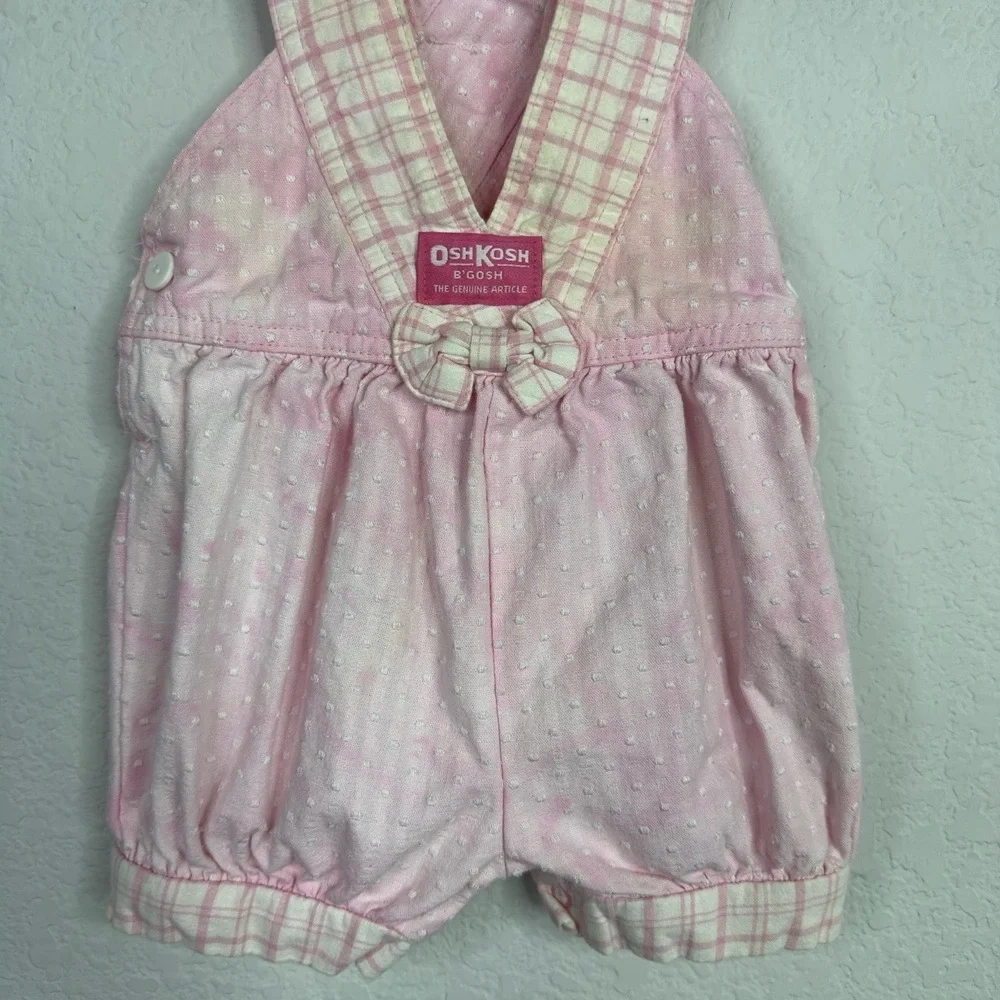 OshKosh B'Gosh Overall Shorts Girls 18M Pink Plaid Boucle VTG Made in USA Romper